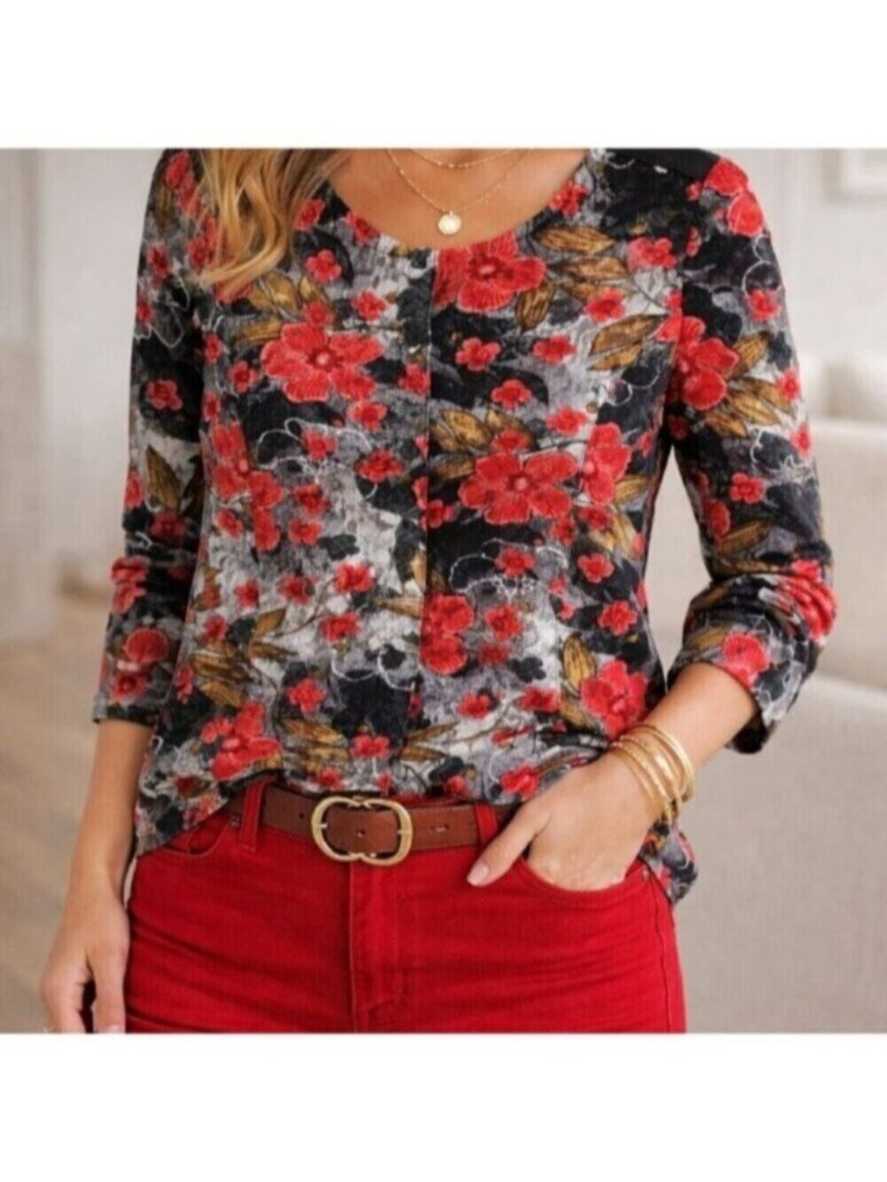 Women’s Y2K Floral Lace Button Up Top Red Black Romantic Grunge